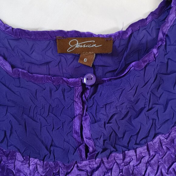 Jessica Purple Crinkle Midi Dress Shiny Short Sleeve Full Skirt Retro Size 6 - Picture 7 of 12